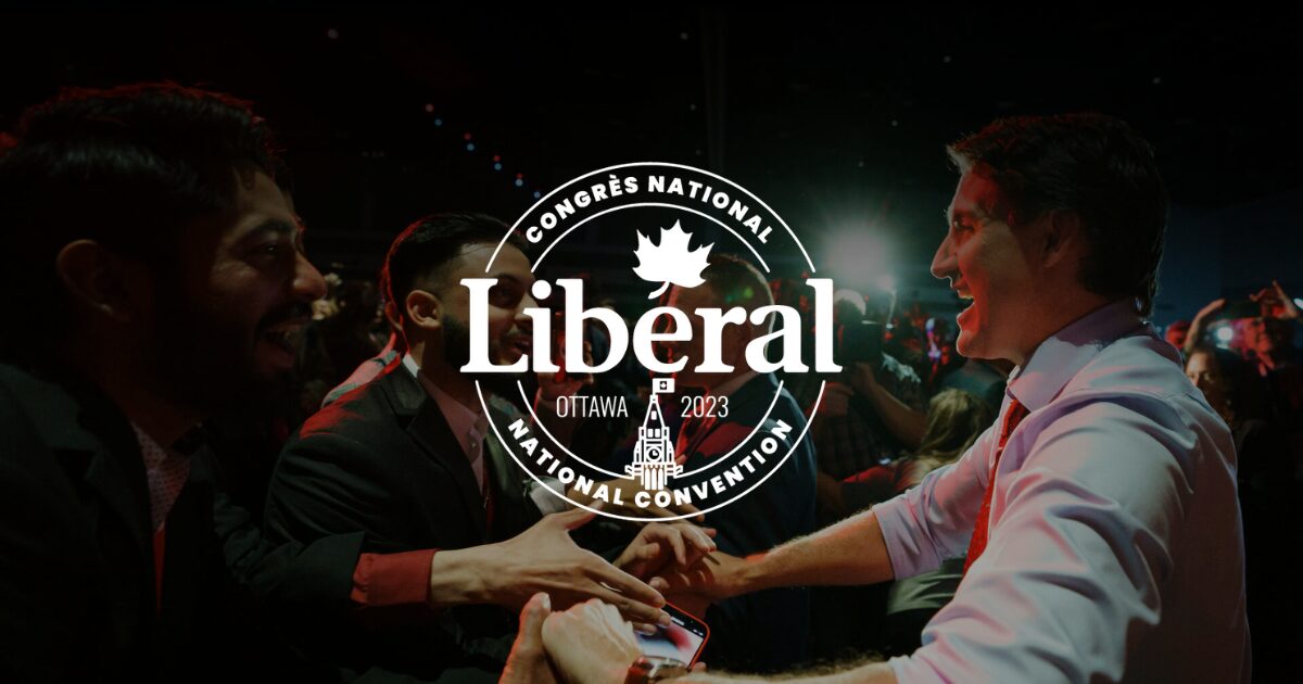 Justin Trudeau shaking hands with attendees at the 2023 Liberal National Convention