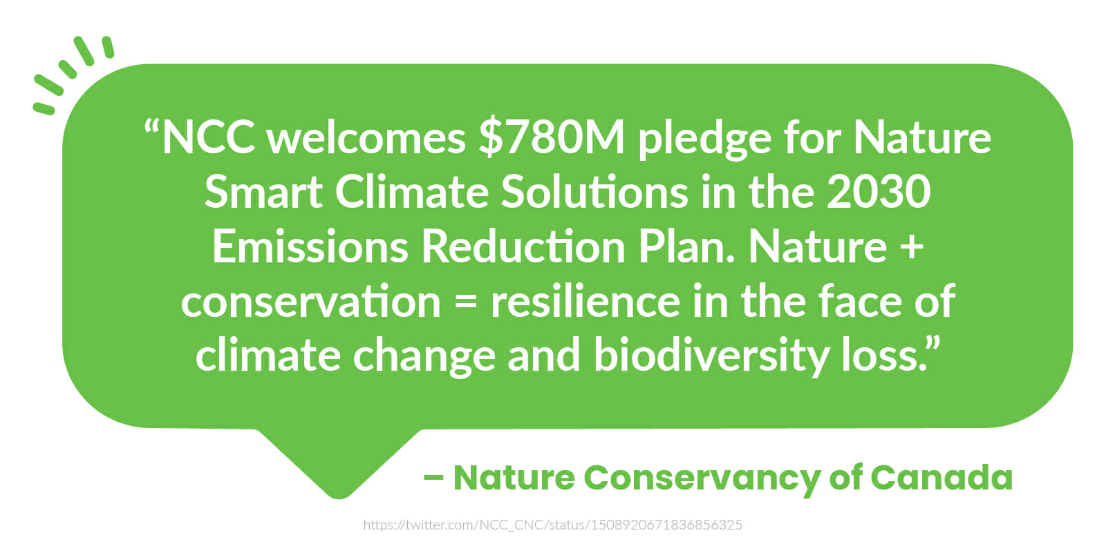  “NCC welcomes $780M pledge for Nature Smart Climate Solutions in the 2030 Emissions Reduction Plan. Nature + conservation = resilience in the face of climate change and biodiversity loss.” - Nature Conservancy Canada