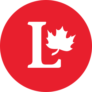 Liberal logo icon, shown as an L with a maple leaf at the top-right, displayed in white on a red background