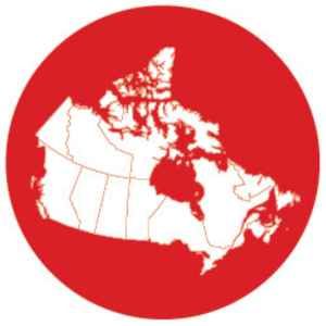 a map of Canada, displayed in white, on a red background