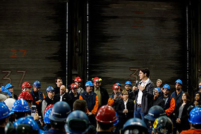 Justin Trudeau giving a speech to steel workers in Sault Ste. Marie.